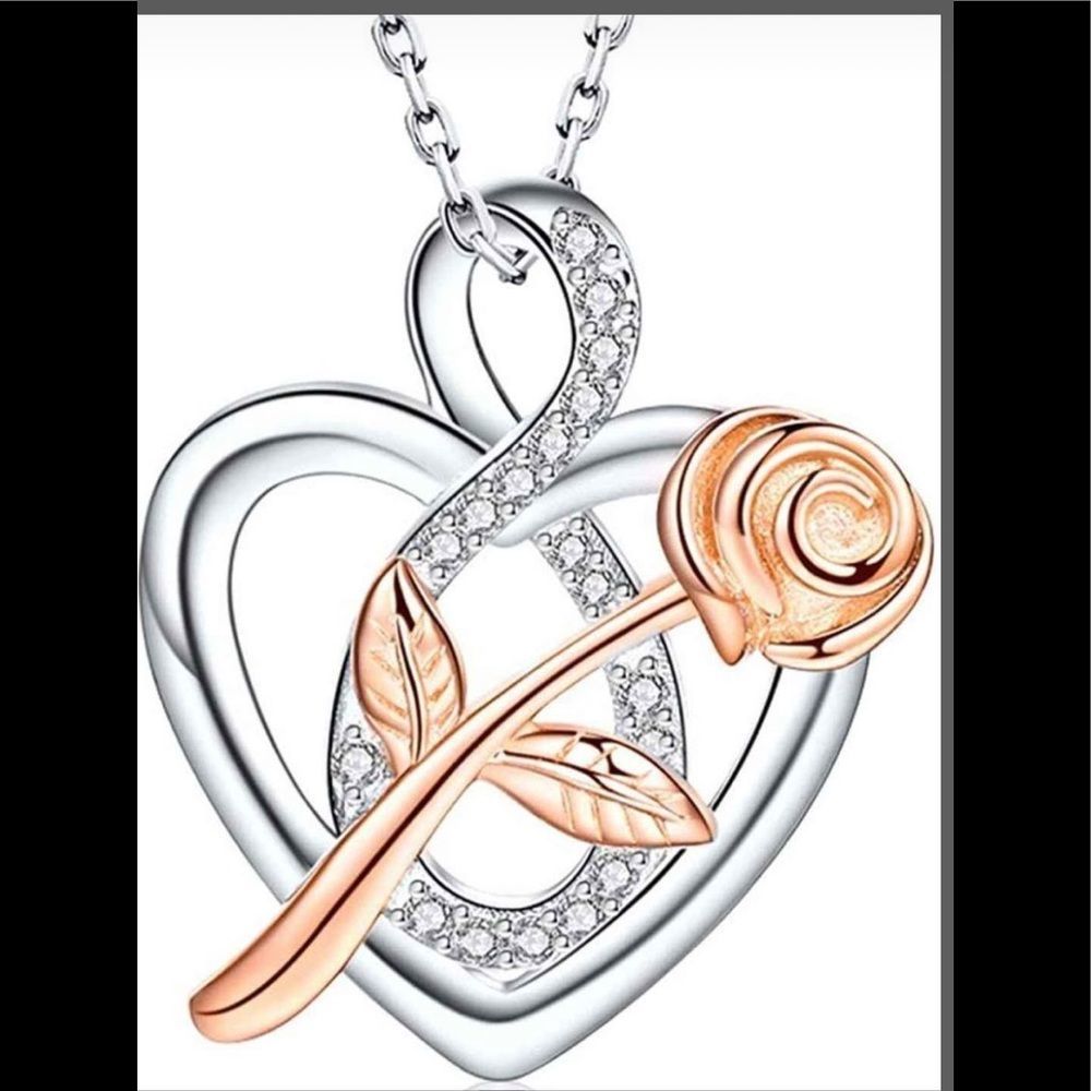 Rose Flower Heart Necklace - 925 Sterling Silver & Cubic Zirconia